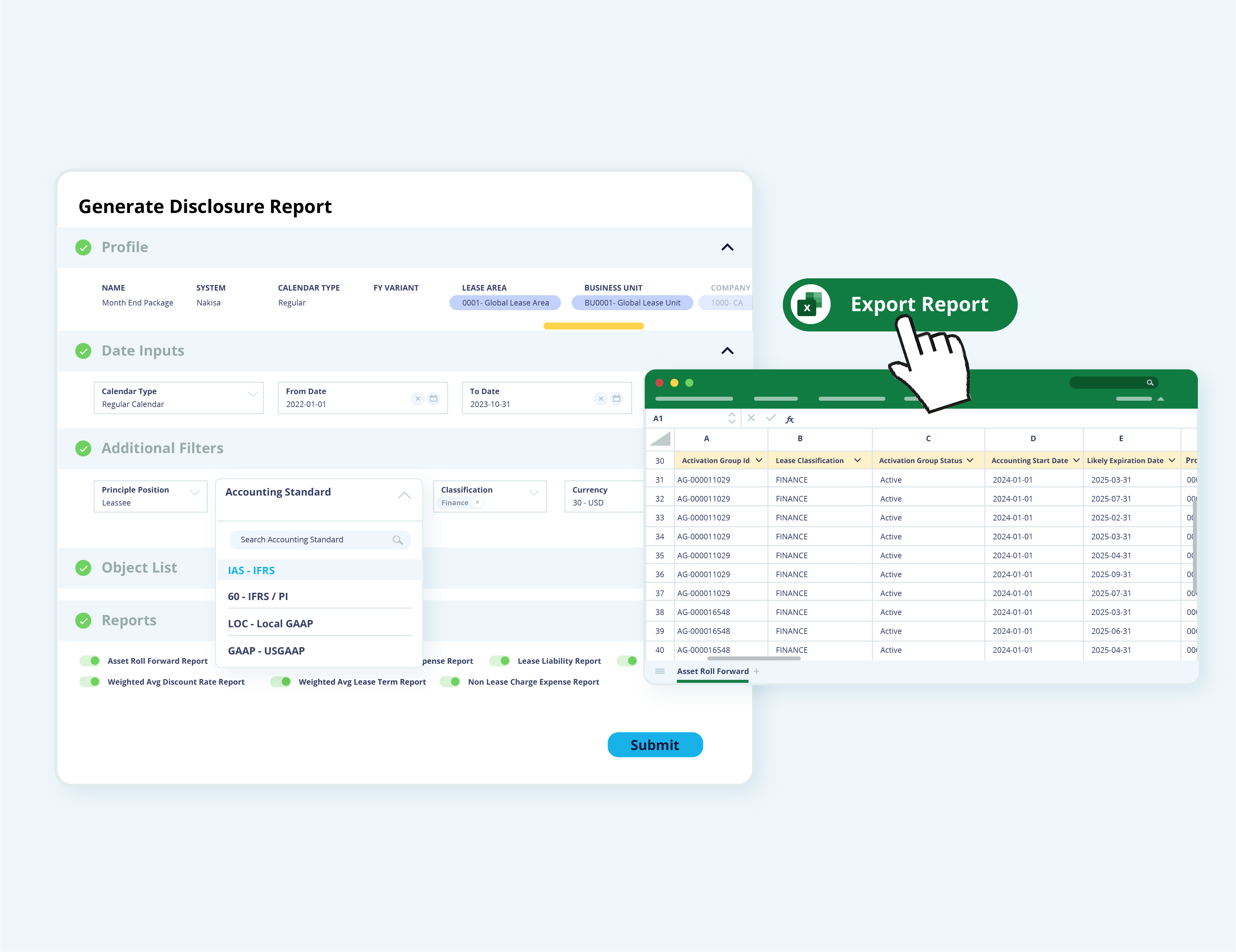 With Nakisa's lease management software, you can benefit from disclosure reporting under multiple standards, 10K/10Q reports, ad-hoc reports to support additional analysis, and highly configurable dashboards.   