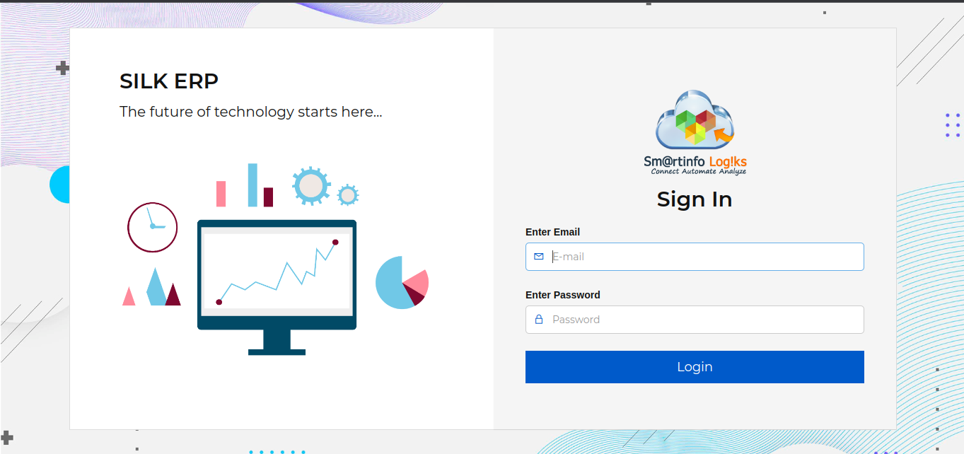 BizSuite screenshot: On our ERP login page fill in the required columns with the provided credentials, and then you’ll be redirected to the dashboard.