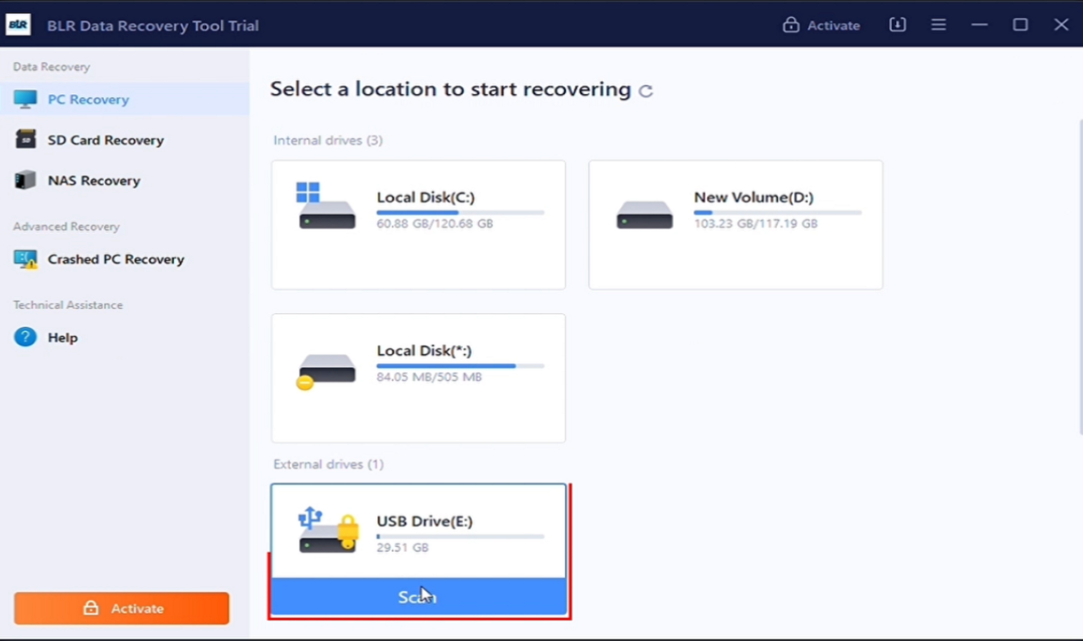 BLR Pen Drive Data Recovery screenshot: BLR Pen Drive Recovery Tool PC recovery