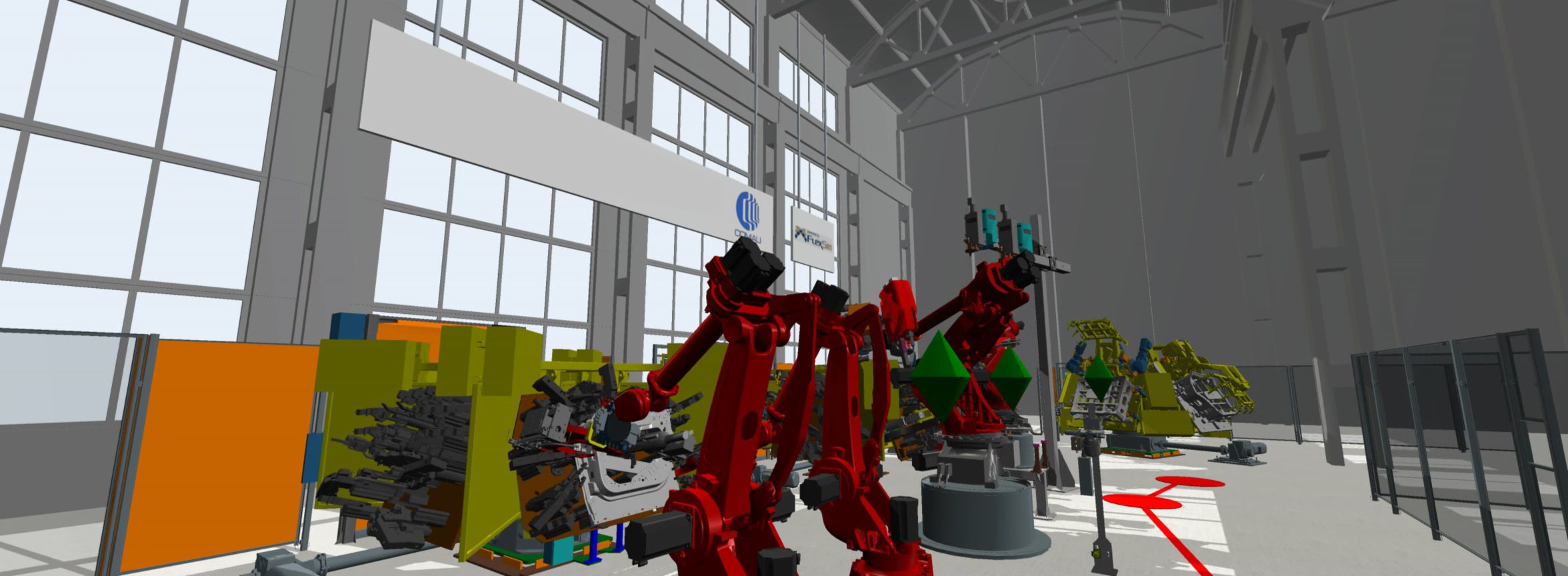 FlexSim Software - A FlexSim simulation model of a robotic cell manufacturing line.