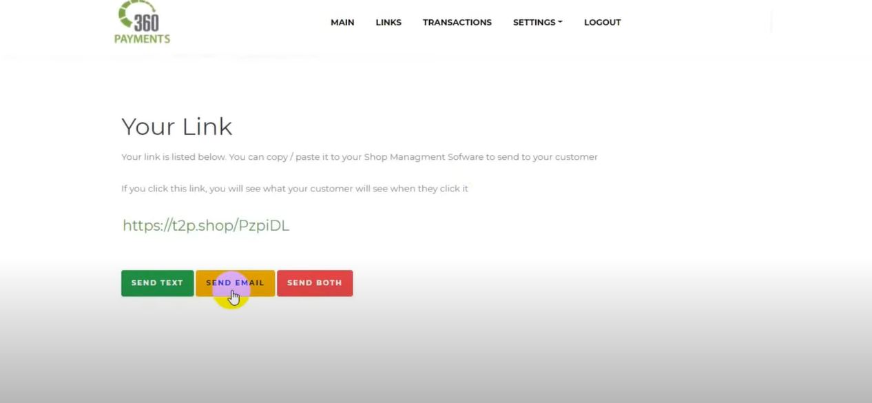 360 Payments screenshot: 360 Payments copy payment link
