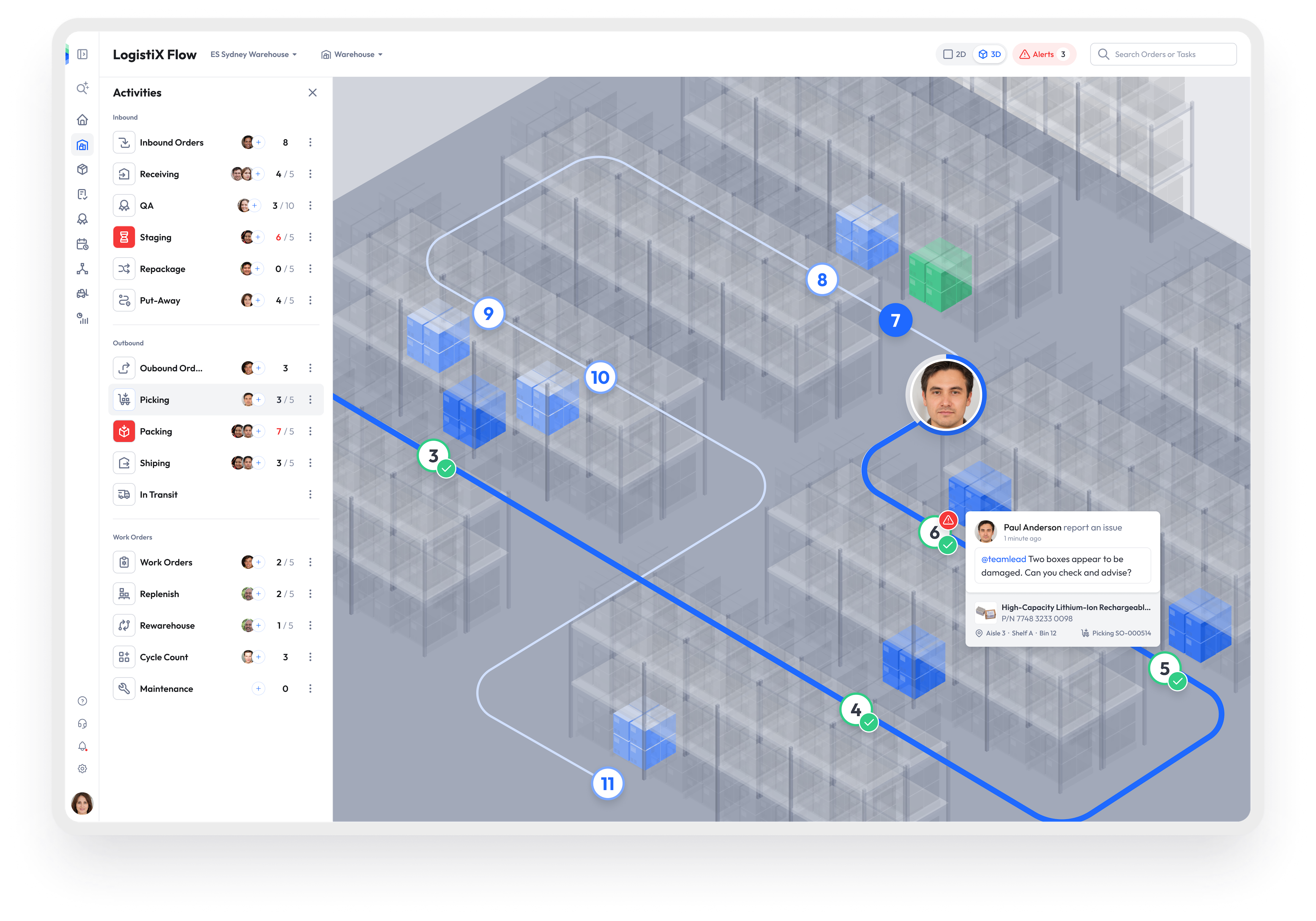 3DLogistiX screenshot: 3DLogistiX - LogistiX Flow Warehouse: Interactive visual control center that leverages the core 3D digital twin of your warehouse.

A digital "control tower" for your warehouse operations, but with the added dimension of spatial awareness.