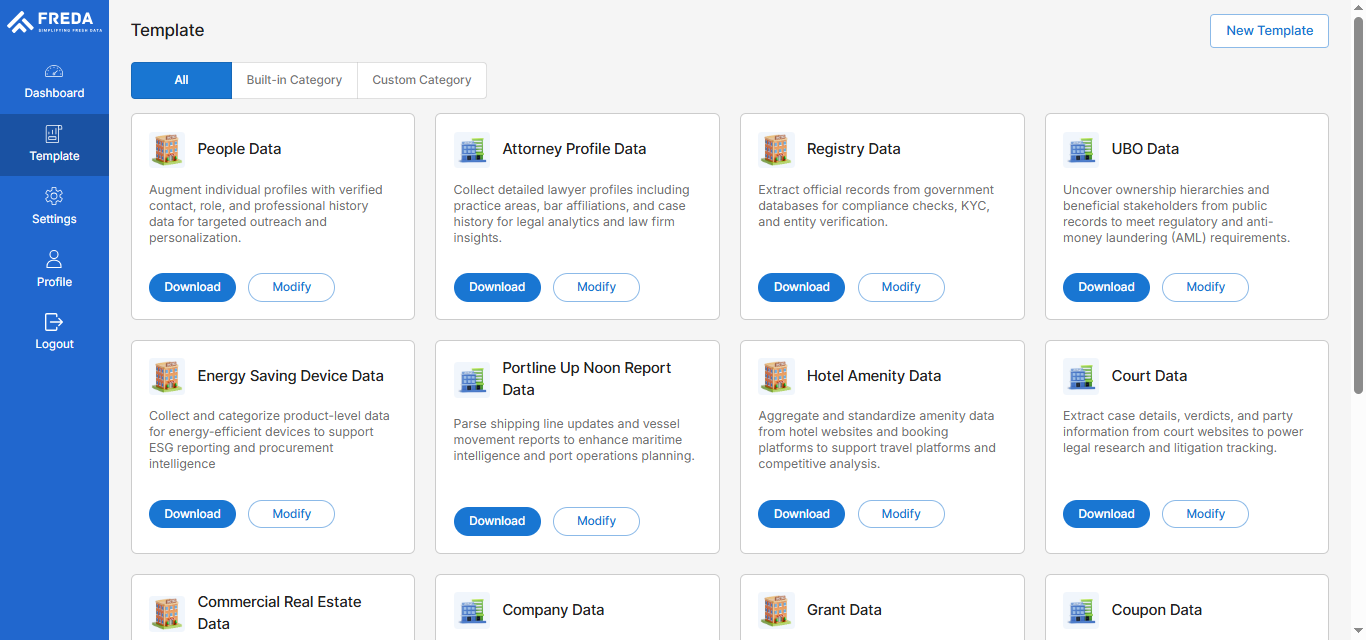 FreDa screenshot: Our platform offers an intuitive template management screen, allowing users to easily download or modify a wide range of data templates like People Data, UBO Data, etc. This interface supports efficient access to both built-in and custom categories.