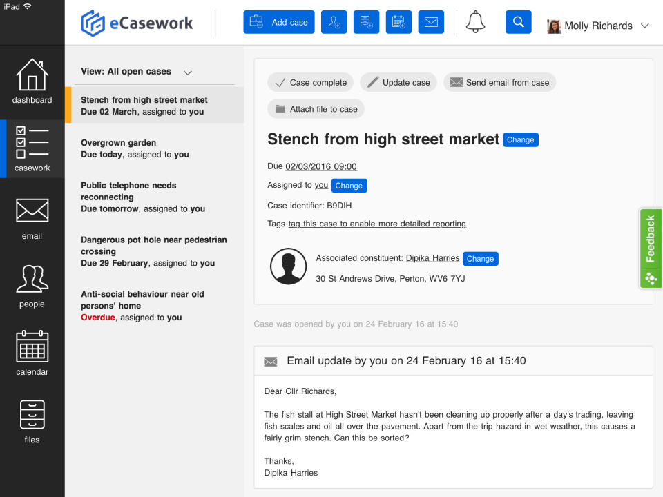 eCasework Software - Access all open cases from the casework tab which includes all correspondence relating to each case
