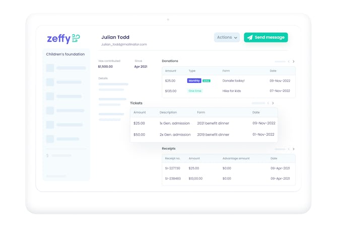 Zeffy screenshot: Manage and engage with the right donors at the right time