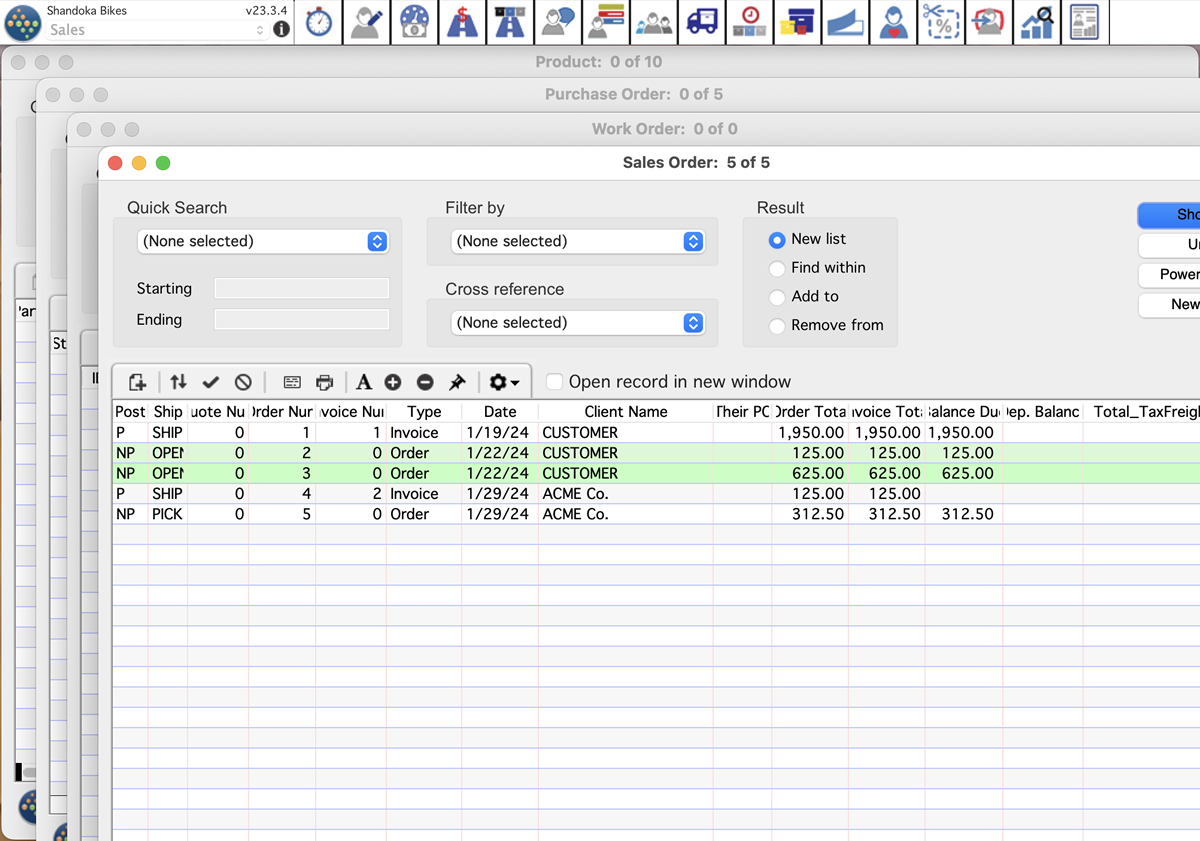 AcctVantage ERP screenshot: AcctVantage ERP work order history