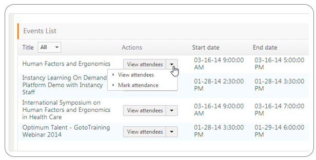 Instancy Learning Management System screenshot: Instancy event list