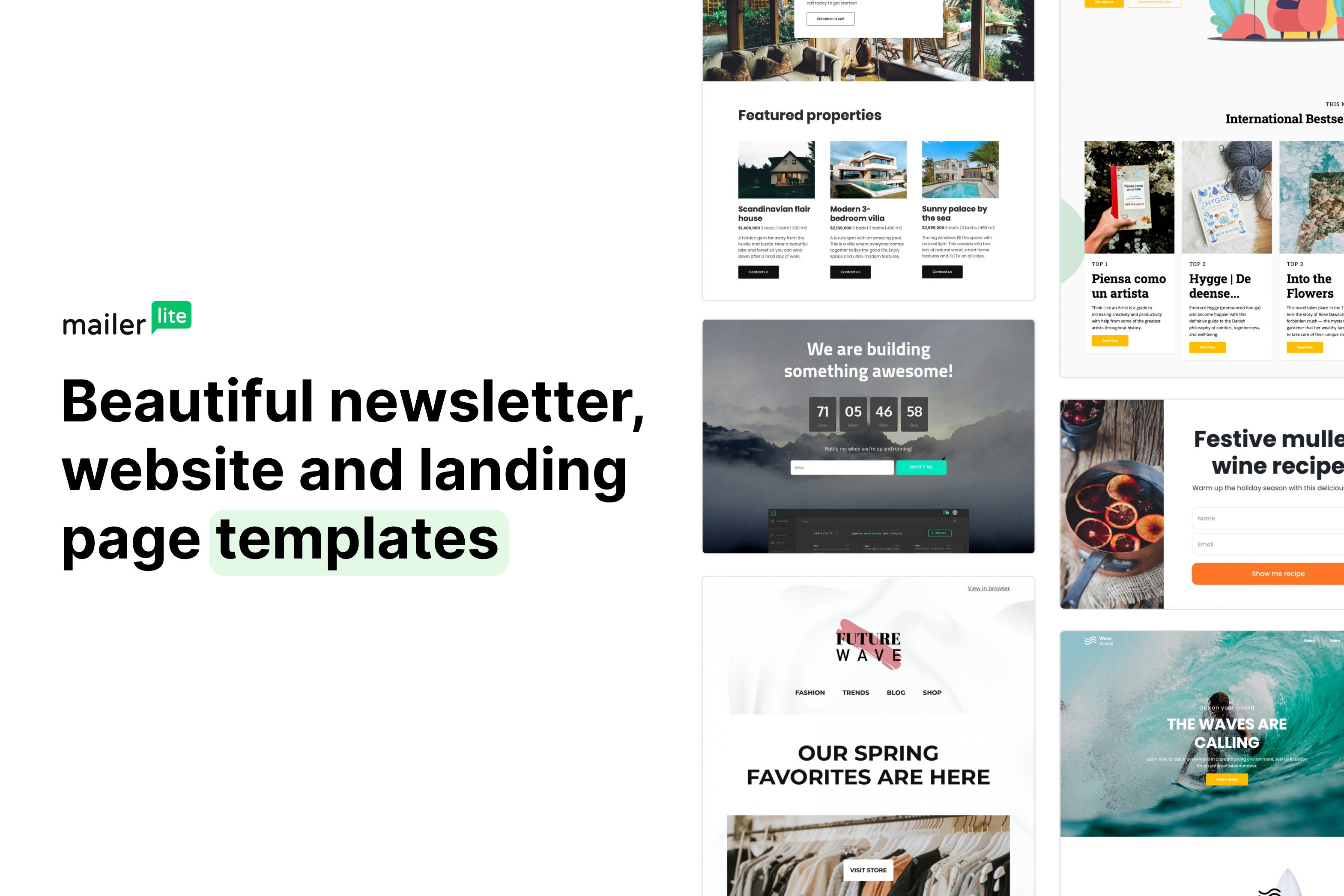 MailerLite Software - a variety of templates for newsletters, websites and landing pages