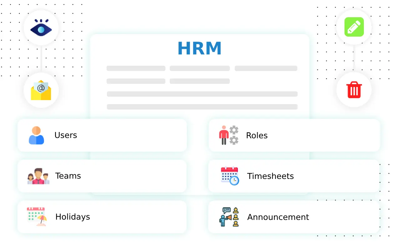 HRM: Efficiently manage employees, payroll, roles, holidays, and teams for streamlined operations and enhanced productivity.
