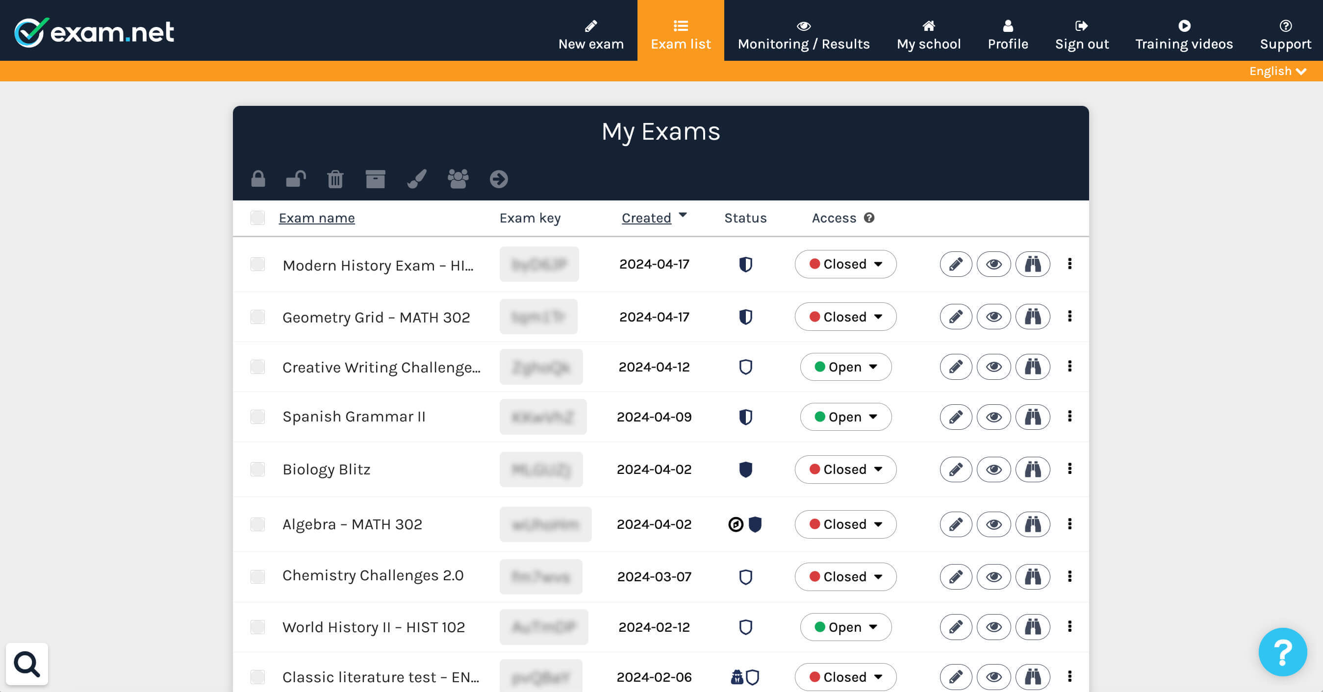 Exam.net Software - Exam list view: Here you can see a list of all your previous and current exams as well as all the exams shared with you by a colleague. You can organize your exam list by creating groups/folders.
