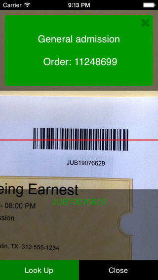 ThunderTix App - mobile image for a valid barcode ticket
