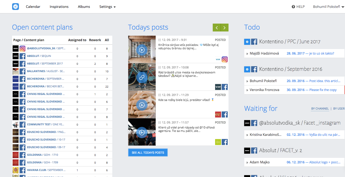 Kontentino Software - The dashboard displays all current content plans, posts planned for today, and tasks assigned to team members