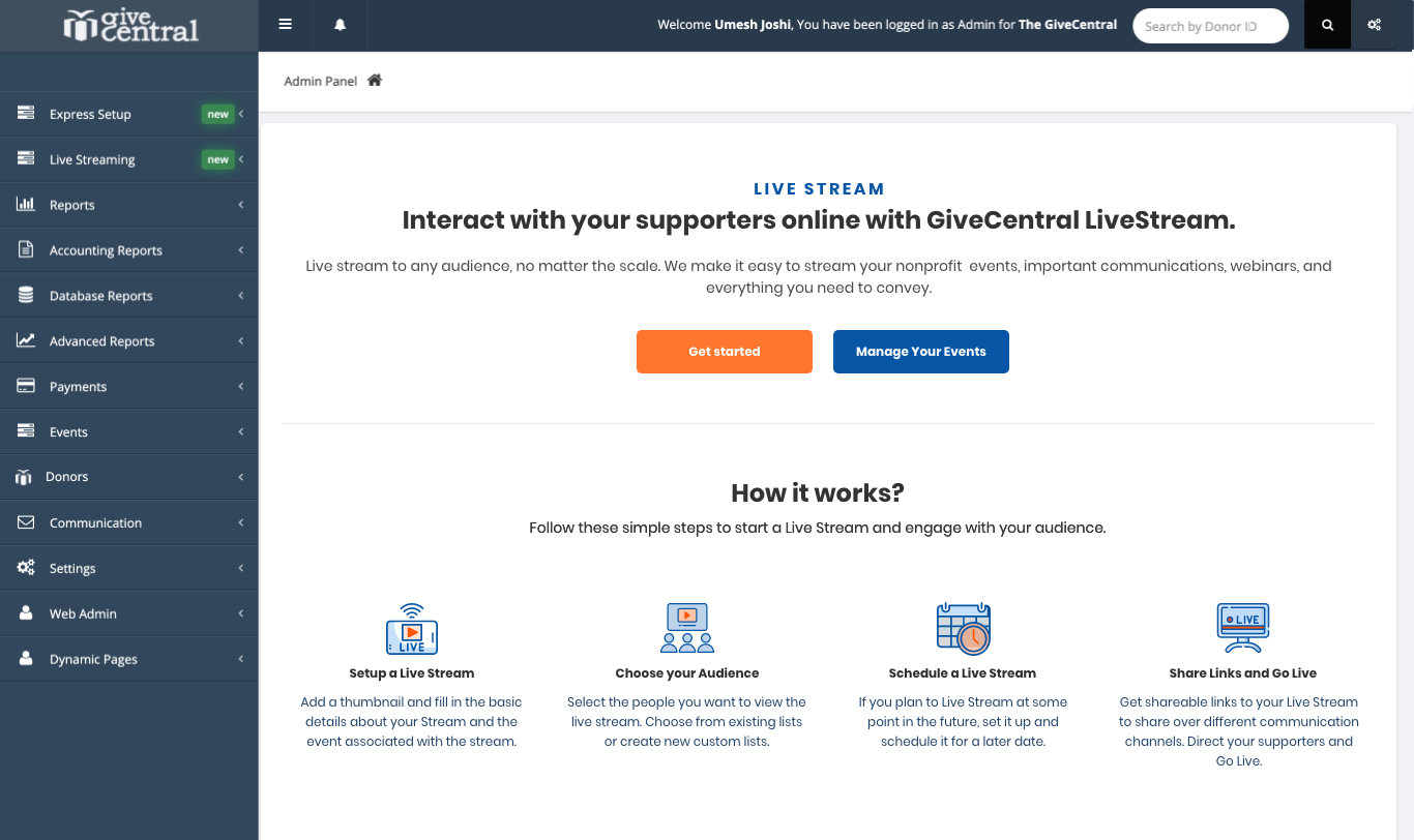 GiveCentral Live live streaming