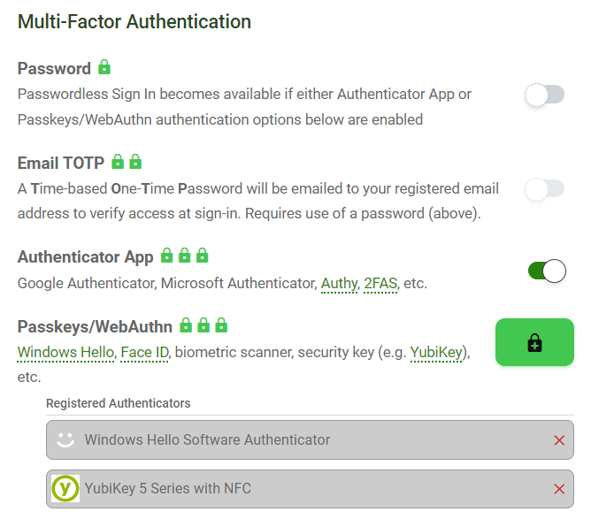 Supports the latest Multi-Factor Authentication protocols for added security, including Authenticator Apps, Passkeys, Hardware Security Keys like YubiKeys, and more. Fully compliant with HIPAA, GDPR, CCPA, and more.