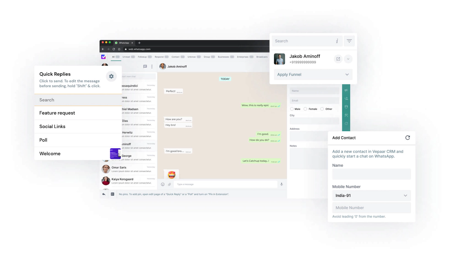 Vepaar screenshot: WhatsApp web CRM extension to manage your contacts.