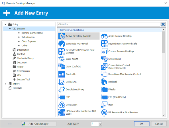 Remote Desktop Manager screenshot: Remote Desktop Manager add new entry