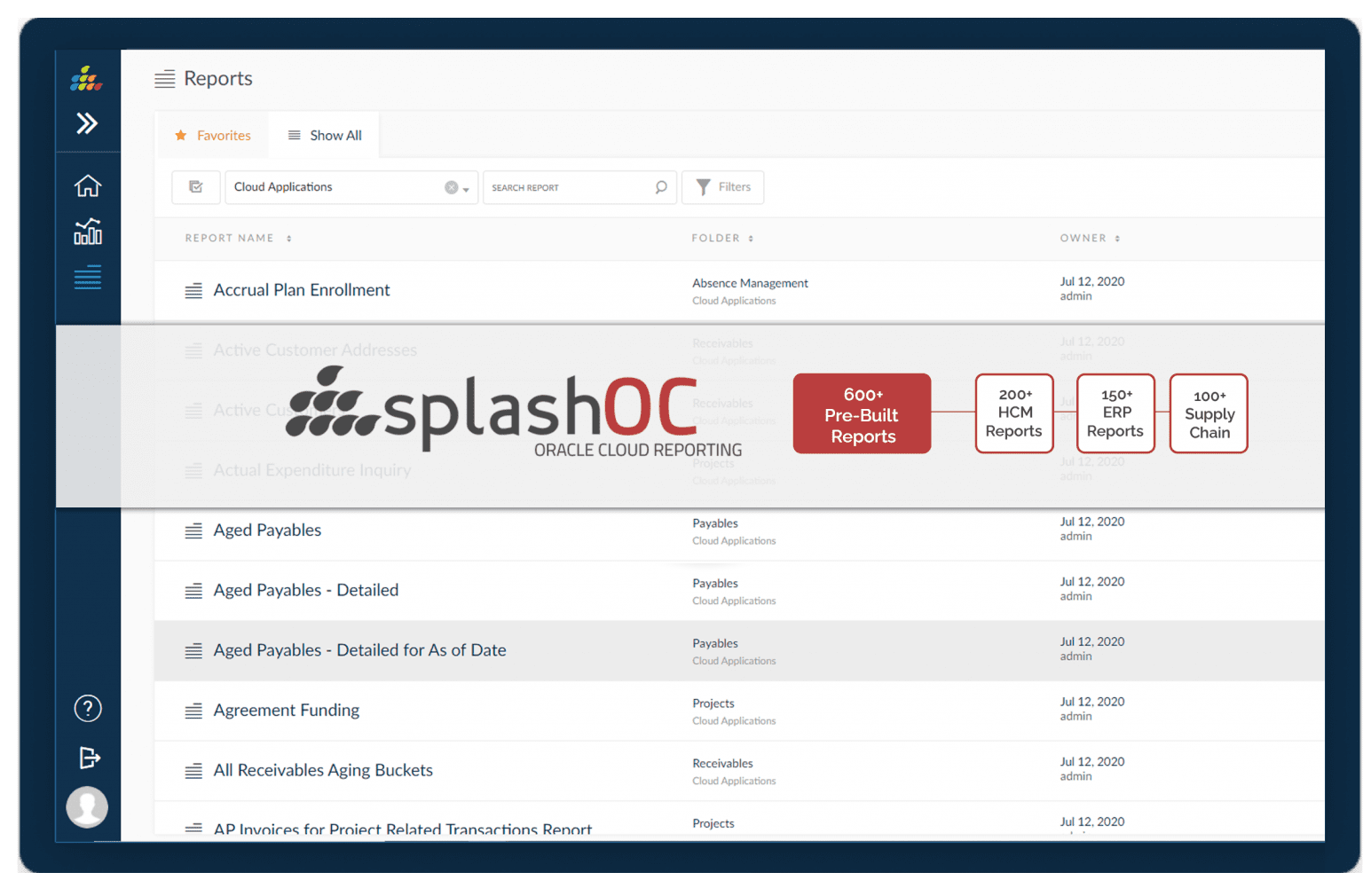 SplashBI's SplashOC is an ad-hoc reporting and analytics solution for Oracle Fusion Cloud Applications.