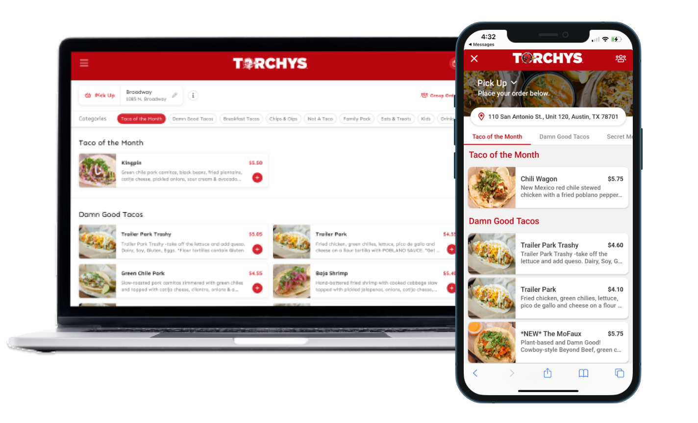 CardFree online ordering pages via web and mobile app