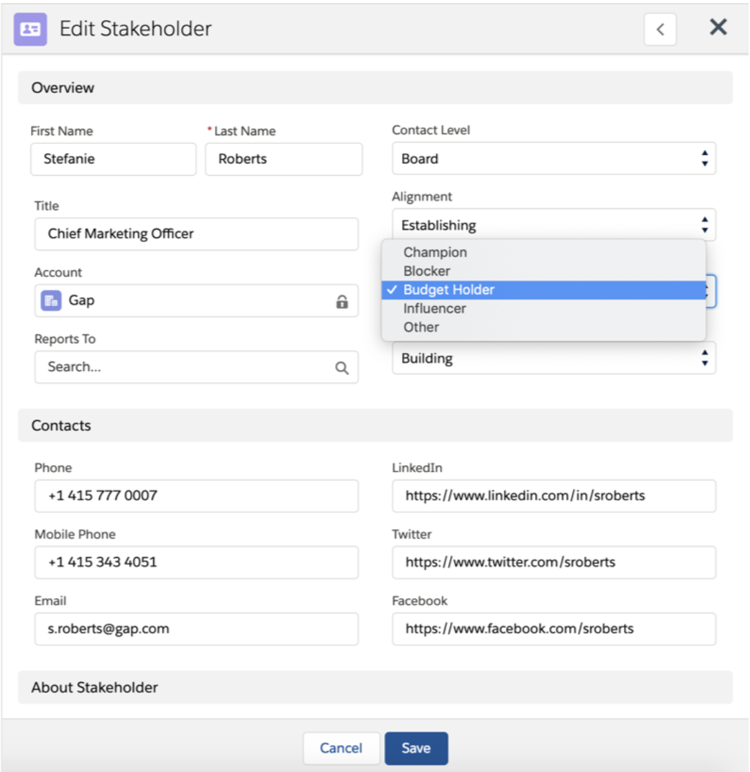 ClosePlan Relationship Maps - edit stakeholder profile