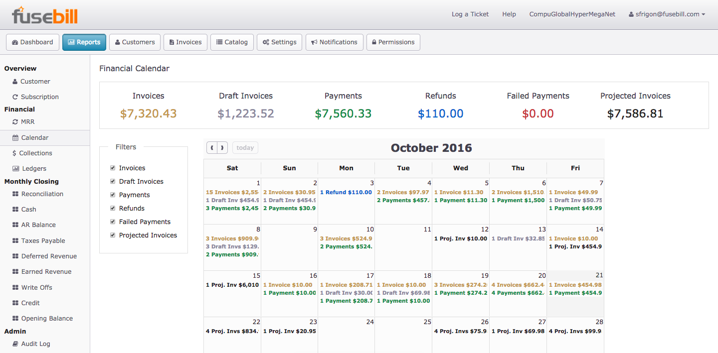 Fusebill Subscription Billing Software - Reports calendar