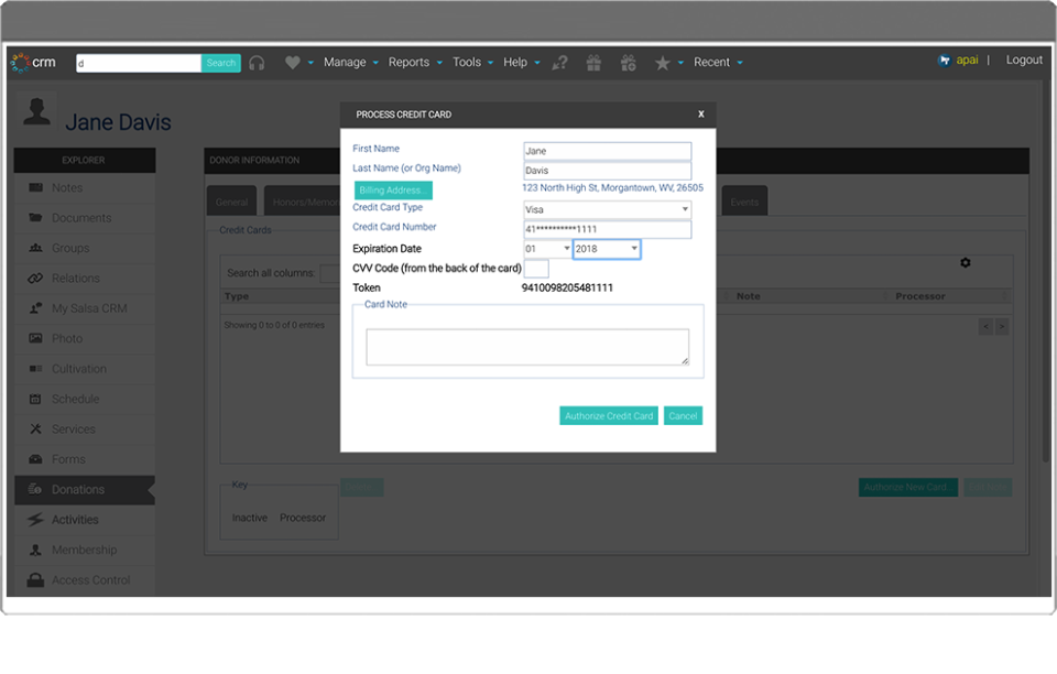 Salsa CRM Software - Payments can be processed using Salsa CRM to allow supporters to make donations online
