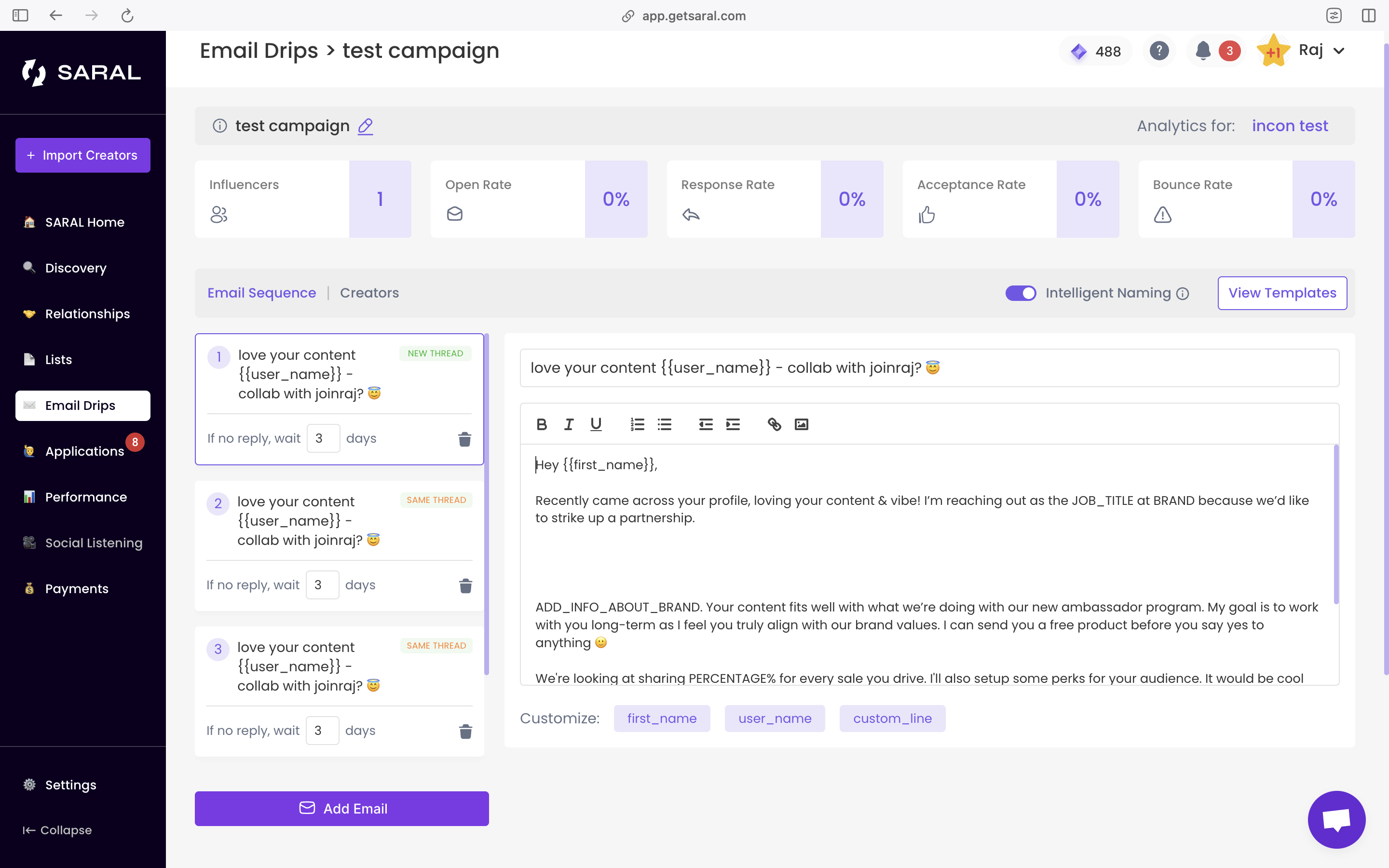 Launch automated outbound email campaigns using templates proven to be effective, ensuring that influencers will say 'yes'!