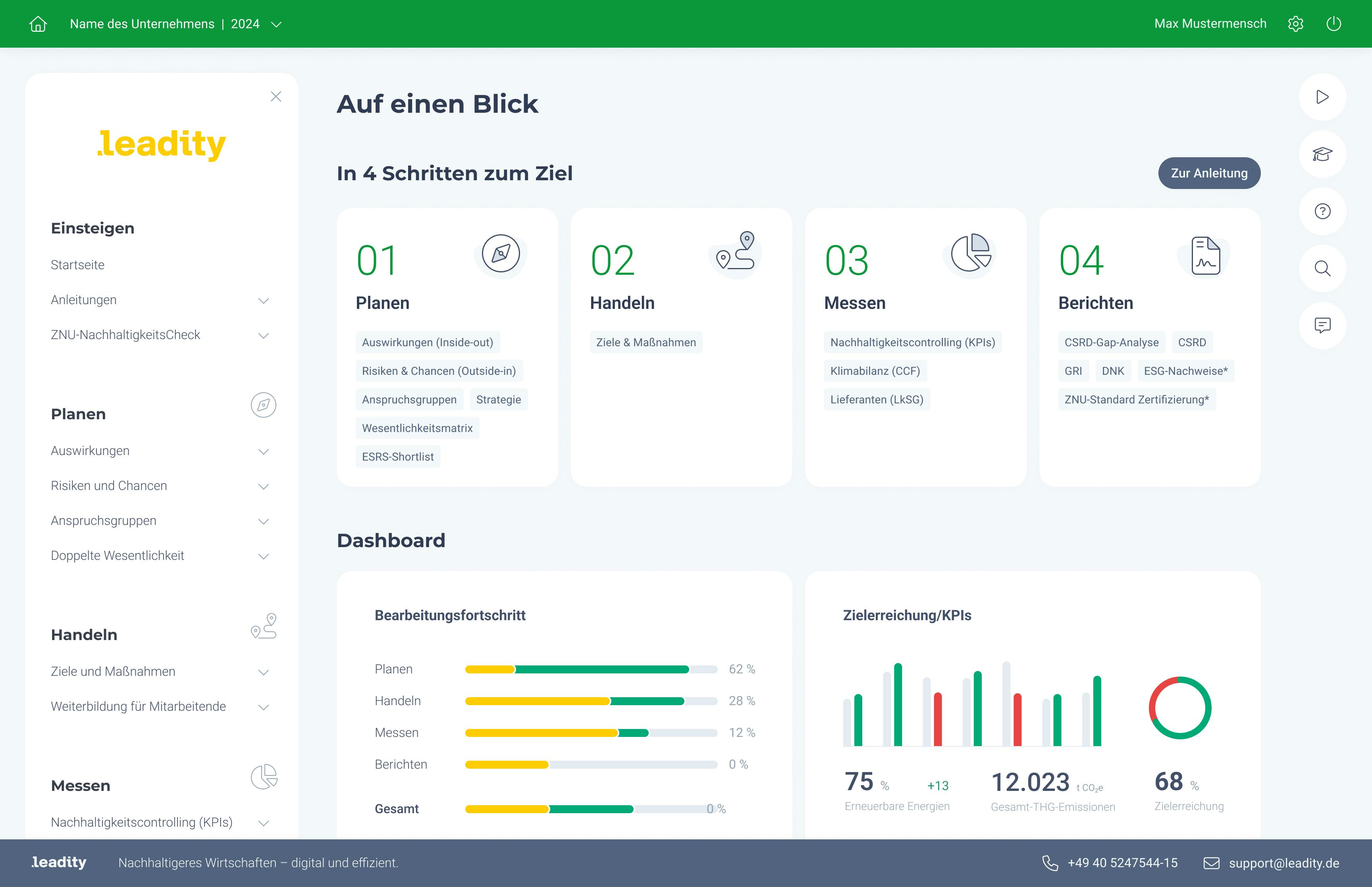 leadity Software - Die Startseite in leadity führt Sie in vier Schritten durch die ESG-Berichterstattung.