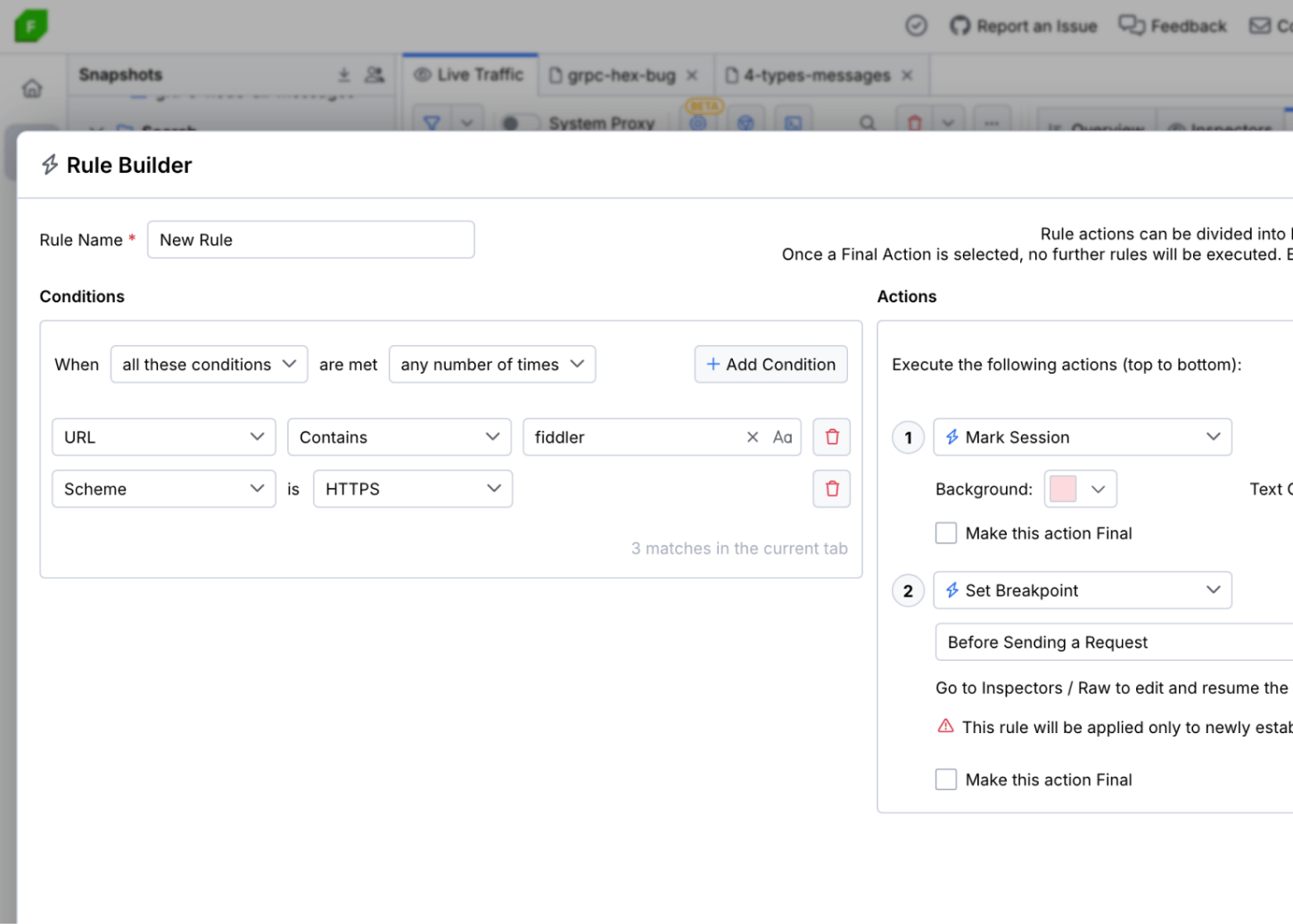Fiddler Everywhere screenshot: Fiddler Everywhere rule builder
