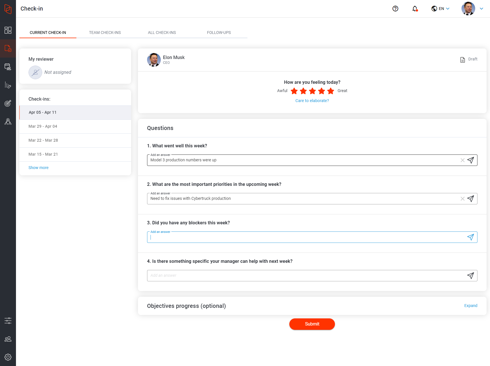 Hirebook's check in lets you score your week and share key information with your manager. By customizing questions to your organization’s culture, Hirebook allows you to drill deep into engagement and productivity while fostering stronger relationships.