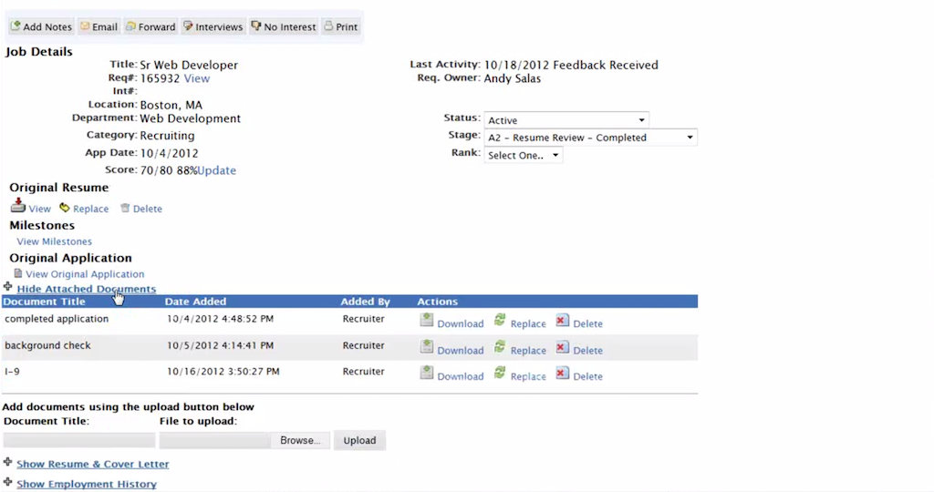 Hirebridge screenshot: Hirebridge candidate history