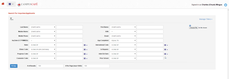 Campus Cafe Software - Campus Cafe Query builder allows to build custom query with user defined inputs
