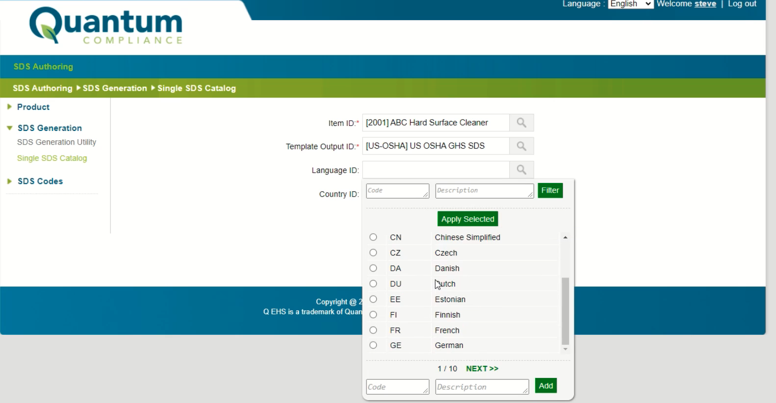 Quantum SDS Authoring screenshot: Language selection is vast.
