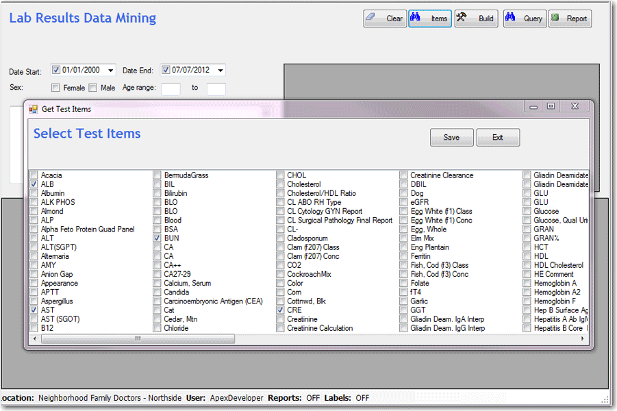 Apex LIS data mining screenshot