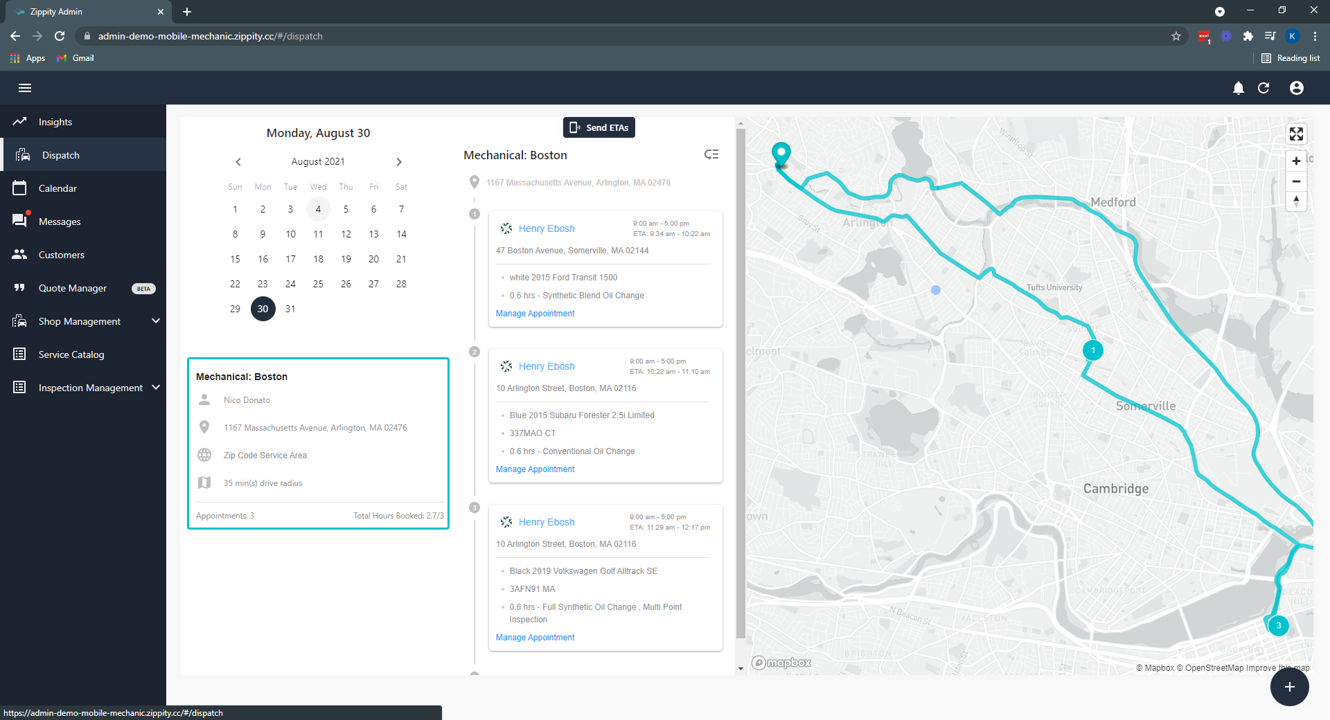 Dispatch software in the administrative app. Automatically route services by proximity to minimize drive times for service vehicles, or manually change route to decrease administrative work for backend users.