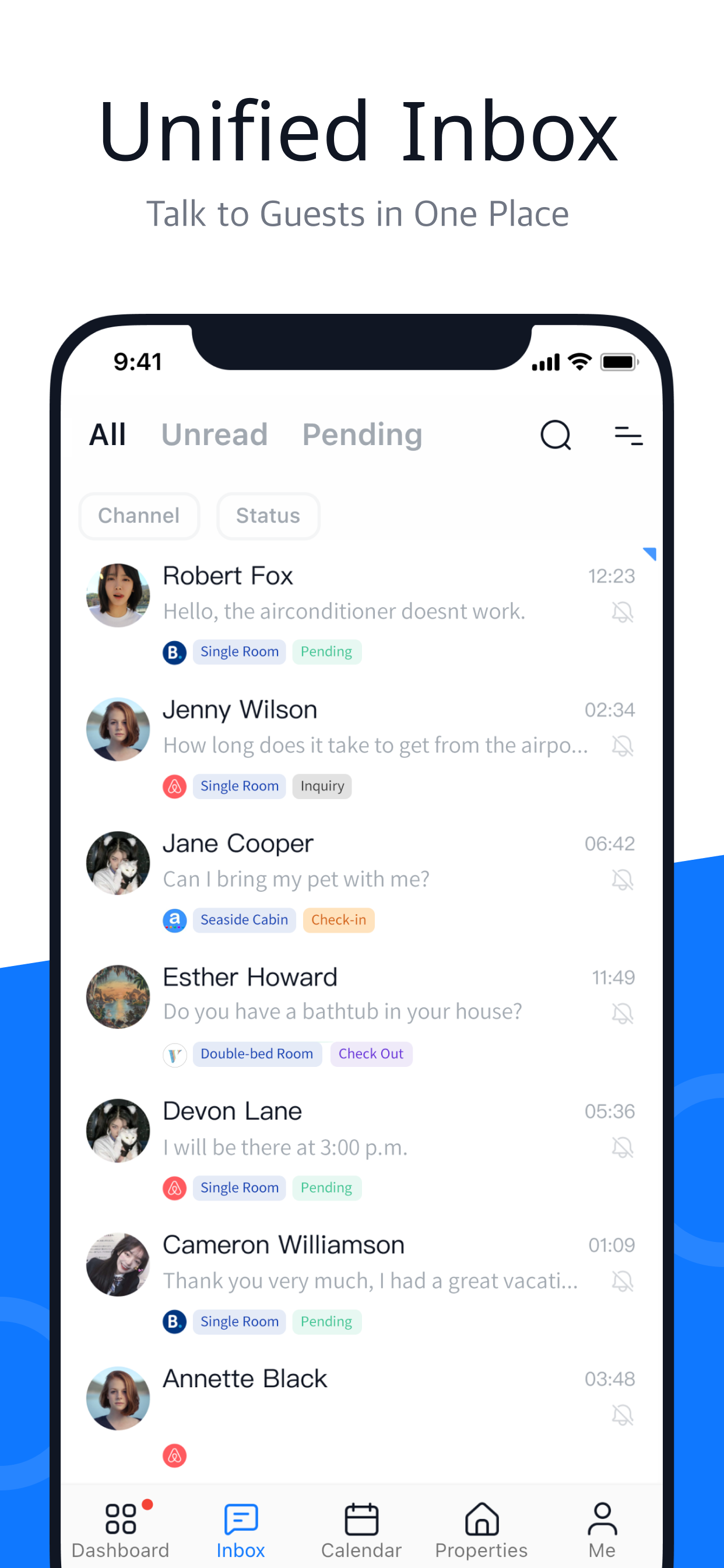 Hostex syncs the messages, and reviews from all your booking channels in an unified inbox.