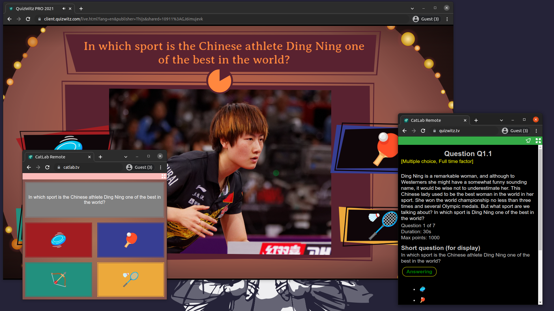 A screenshot of the QuizWitz game screen, the player answer app and the Quizmaster app.