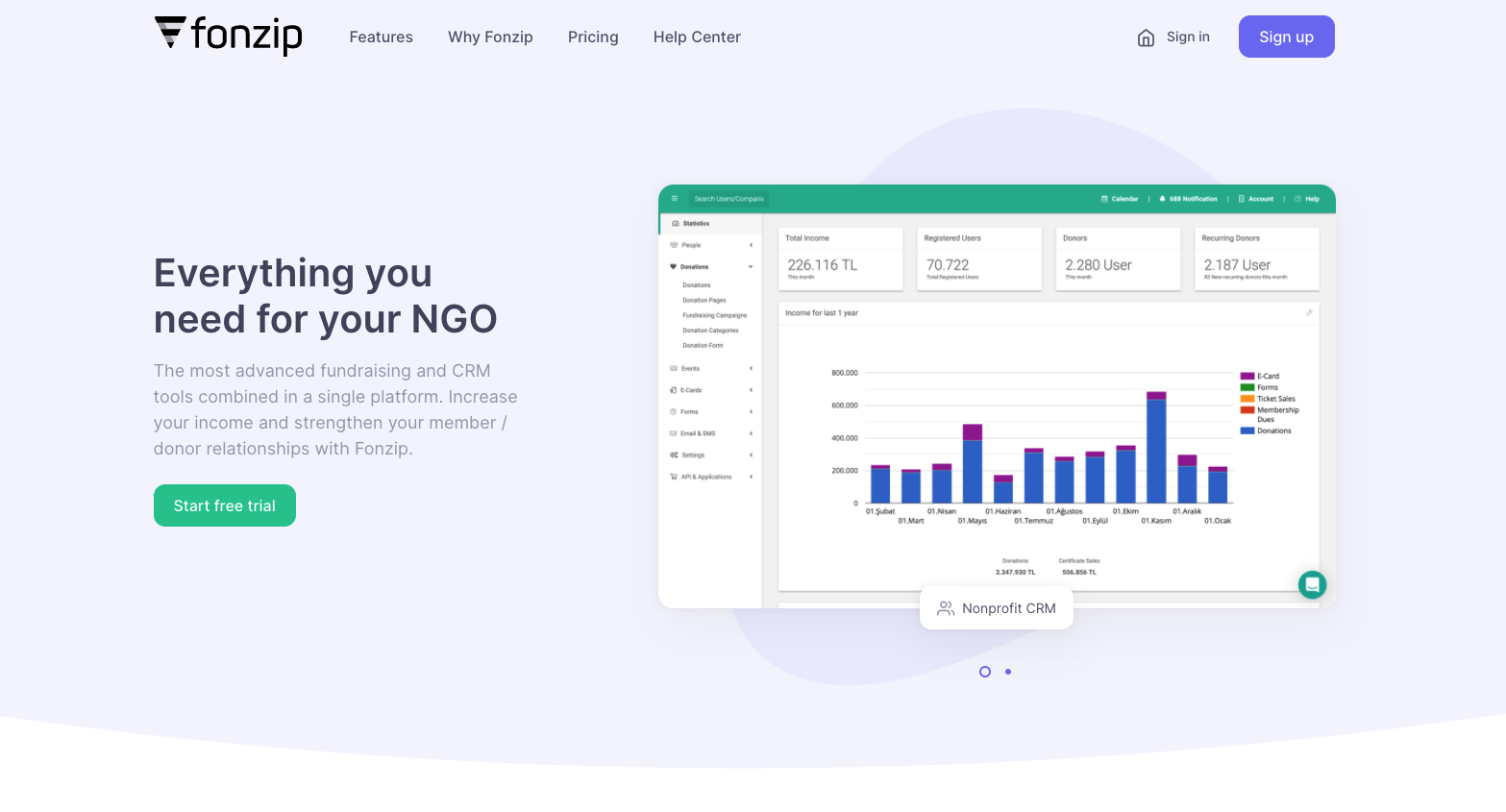 Everything you need for your NGO The most advanced fundraising and CRM tools combined in a single platform. Increase your income and strengthen your member / donor relationships with Fonzip.