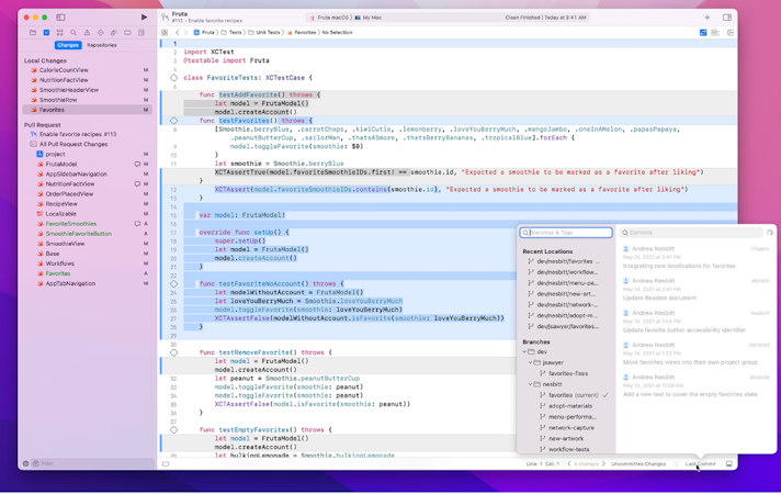 Xcode 12 screenshot: Xcode search branches and tags