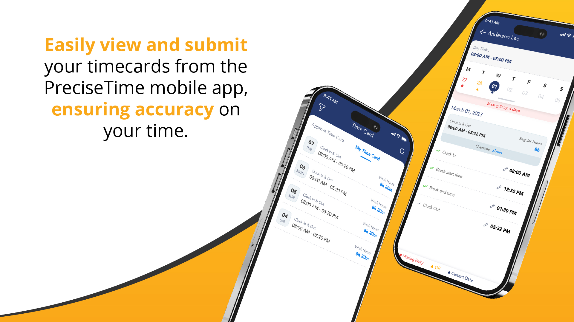 Easily view and submit your timecards from the PreciseTime mobile app, ensuring accuracy on your time