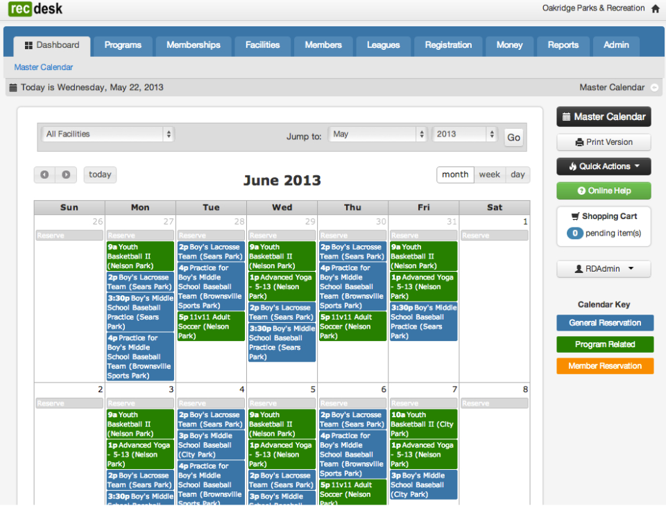 RecDesk Software - The Master Calendar gives users an overview of all reservations and programs