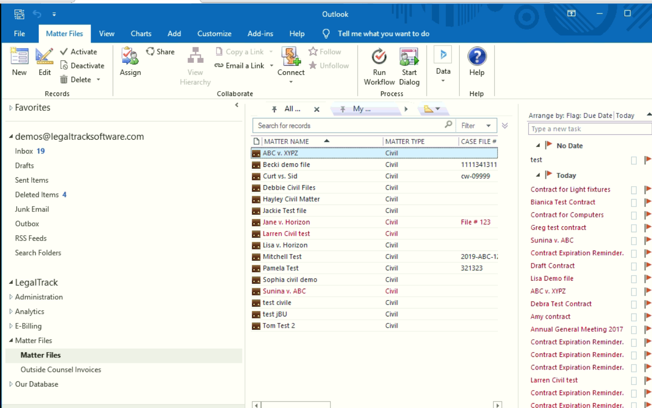 Legal Track Software - Outlook View