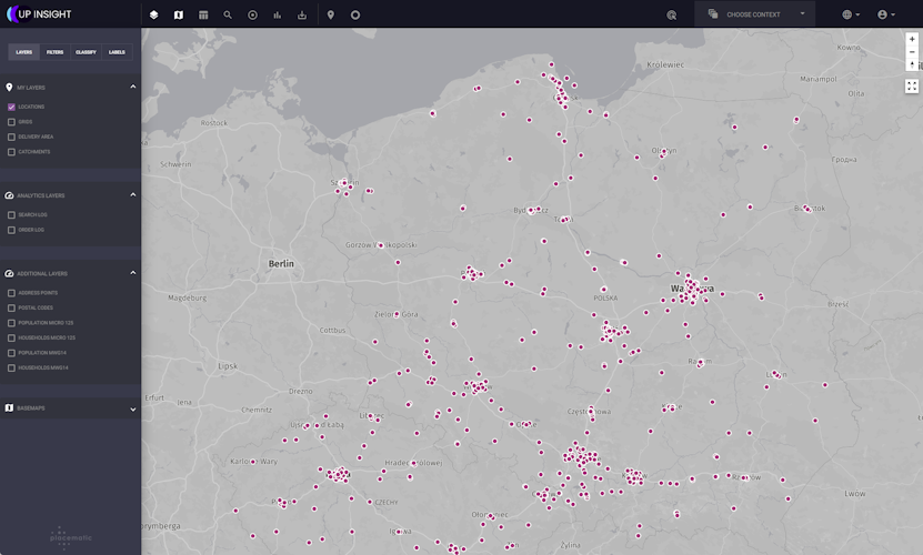 UpInsight screenshot: UpInsight nationwide map displaying point-based location data 