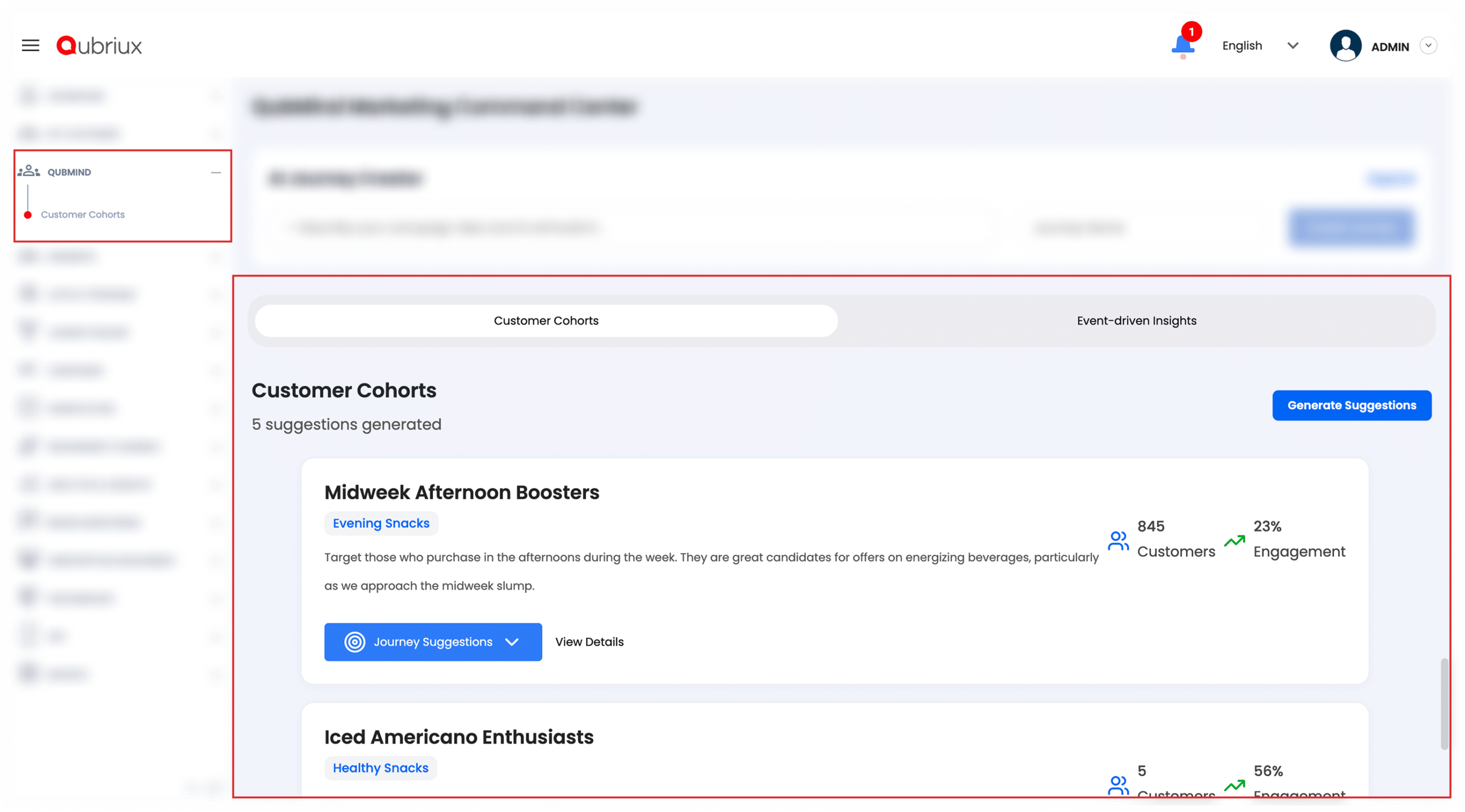 Qubriux screenshot: The QubMind AI dashboard showcasing automated cohort generation. Prescriptive AI identifies high-yield segments like "Midweek Afternoon Boosters," allowing marketers to trigger data-driven journeys and revenue-recovery campaigns with a single click.