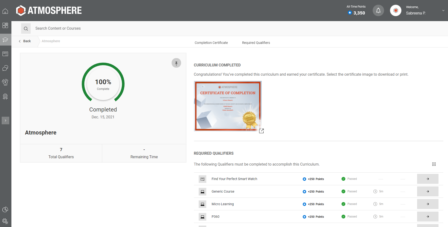 Halight LMS screenshot: Halight LMS completion score