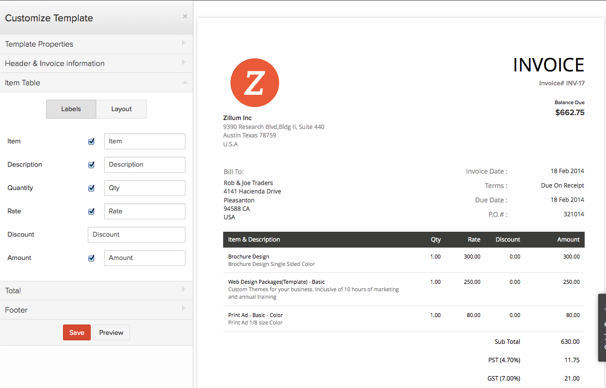 Zoho Invoice - Customize Template