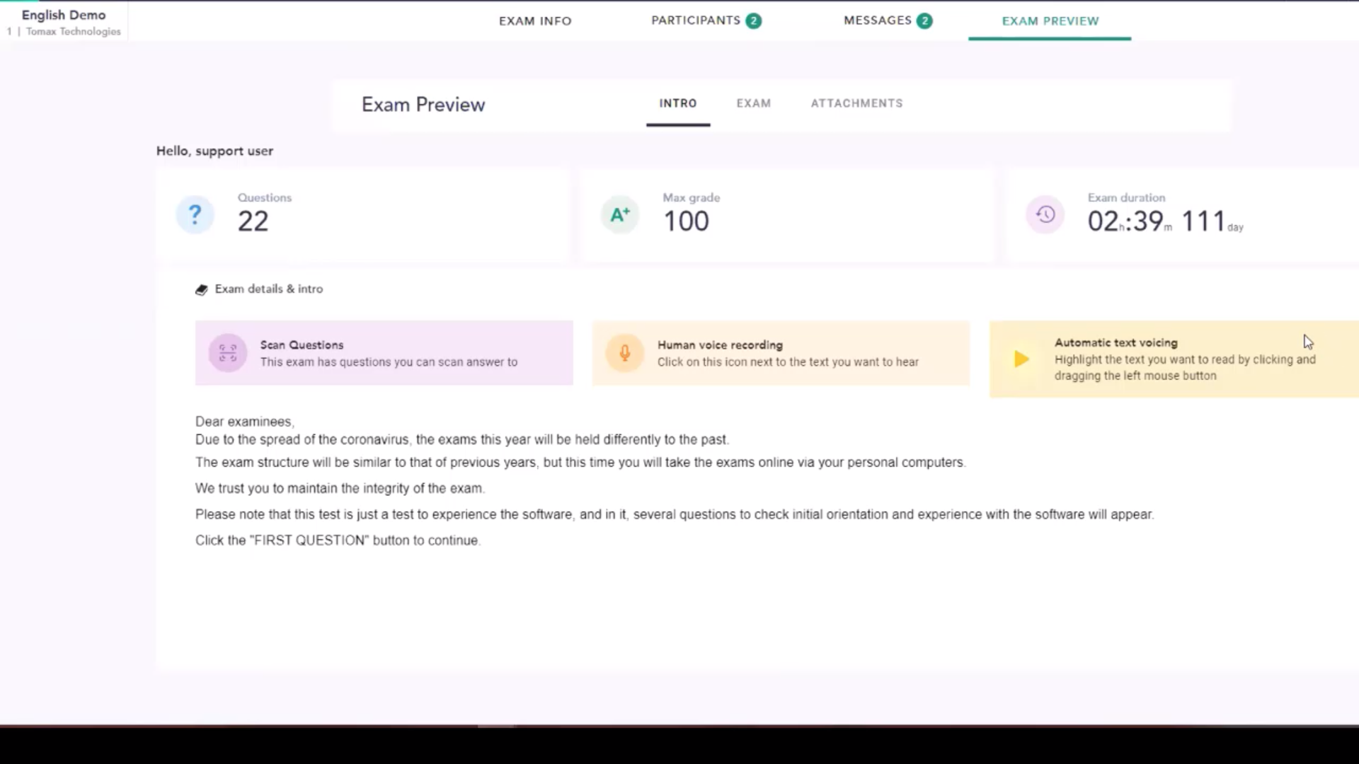 TomaEtest screenshot: Student exam preview
