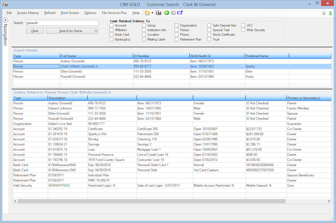 FPS GOLD Core Banking screenshot: The in-built CRM contains a searchable database of all clients