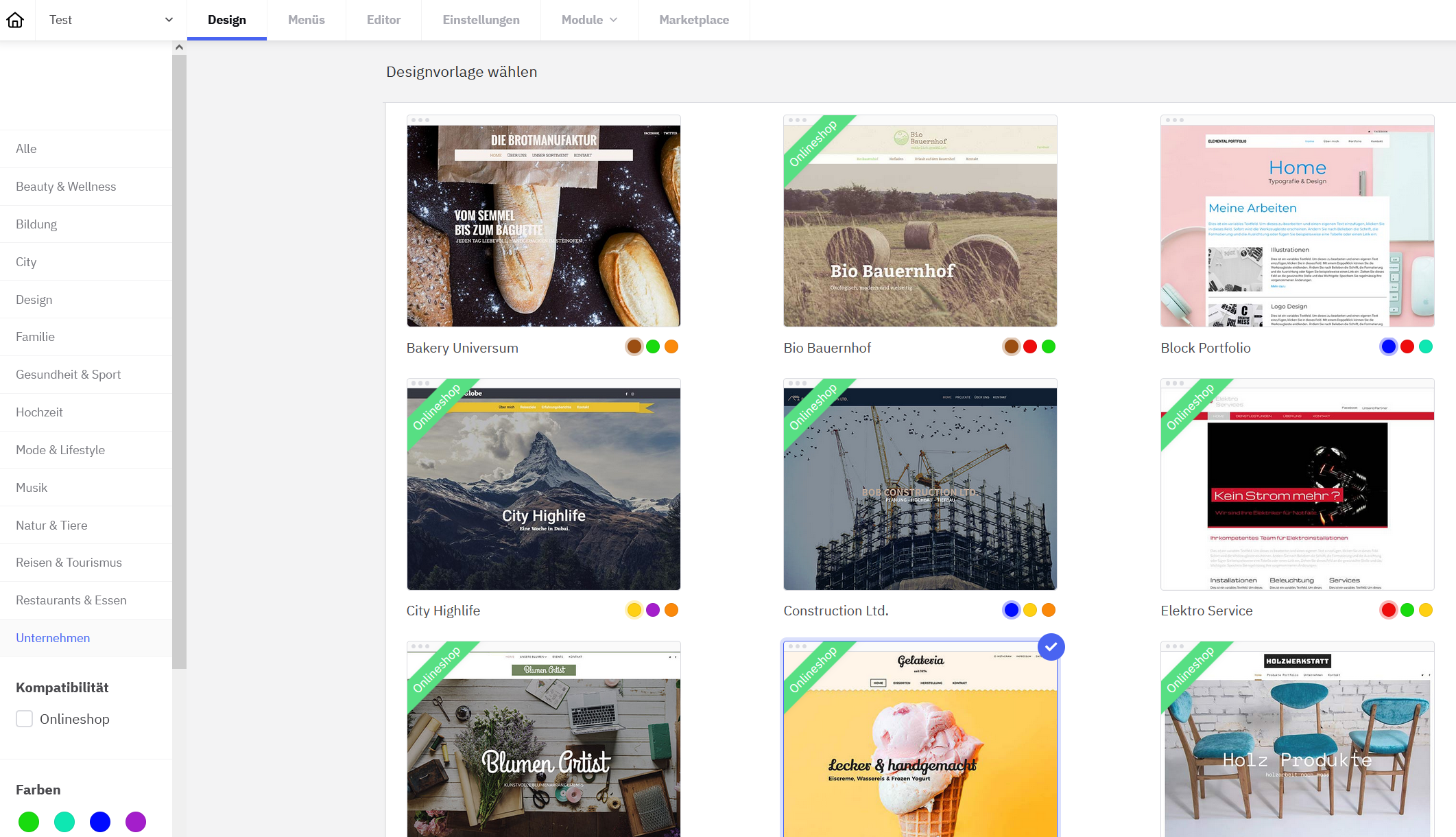 Website Creator screenshot: Website Creator templates