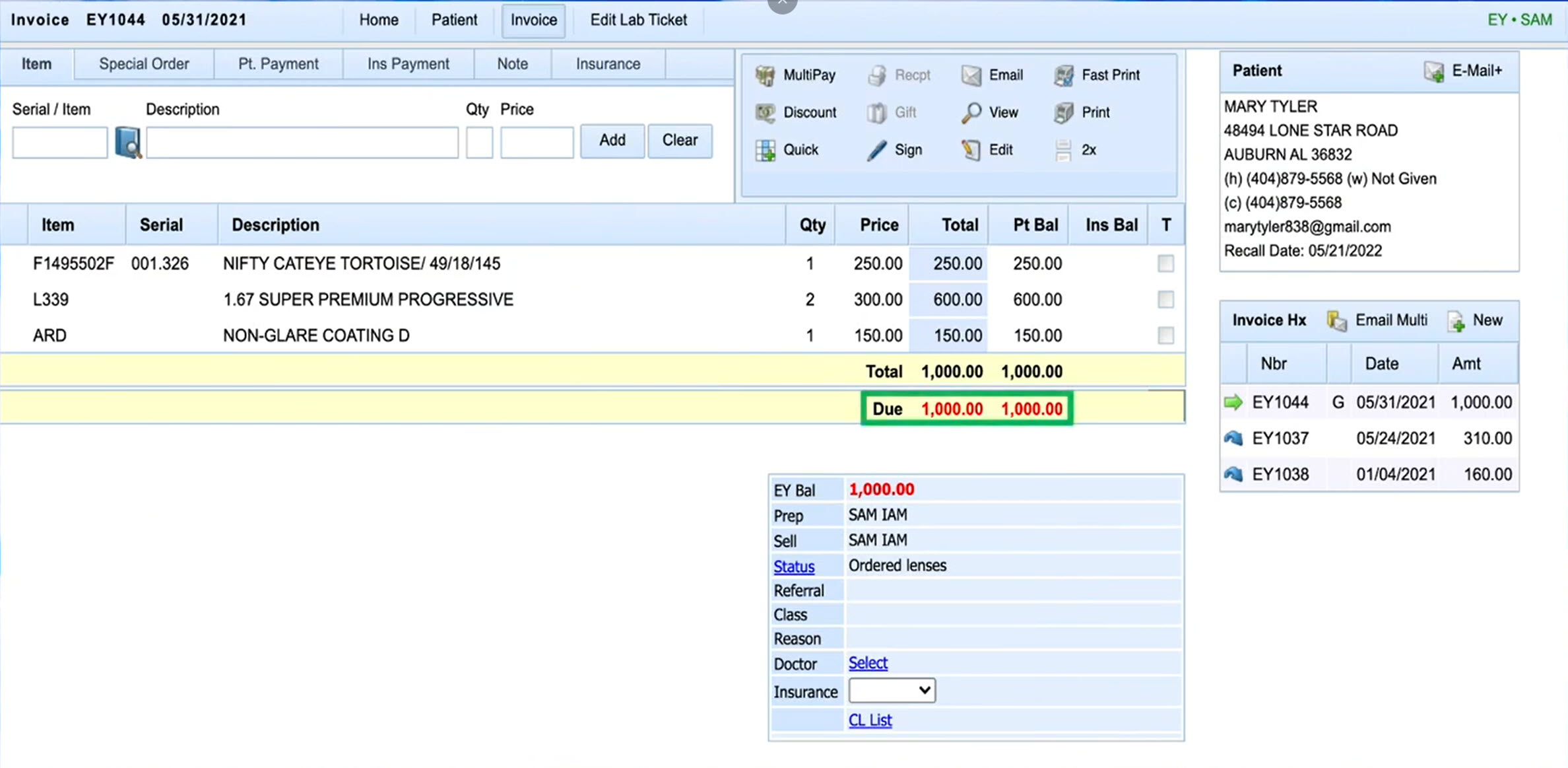 Eye Cloud Pro screenshot: Eye Cloud Pro invoice