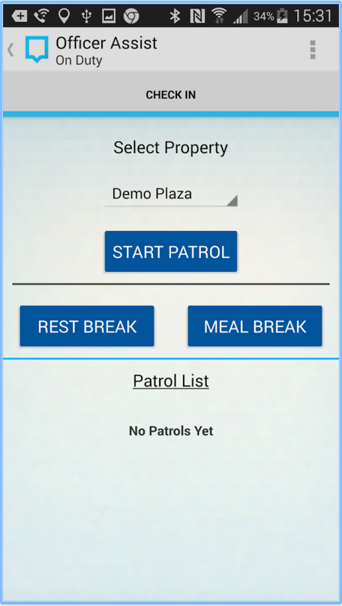 Kudagi Officer Assist screenshot: Guards can manage their shifts, breaks, patrols and incidents from the Officer Assist smartphone app